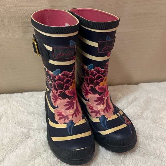 Joules Girls Floral Stripe Rain Boots – Navy & Pink Size 12 - Picture 1 of 6